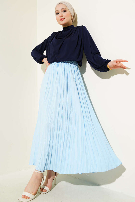 Jupe plissée bleue à taille élastique élastique et fronces