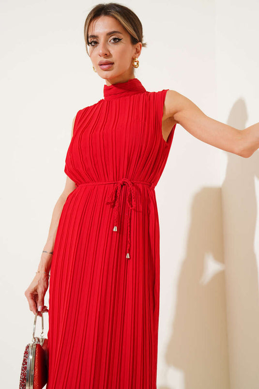 Ärmelloses, plissiertes Midikleid Rot