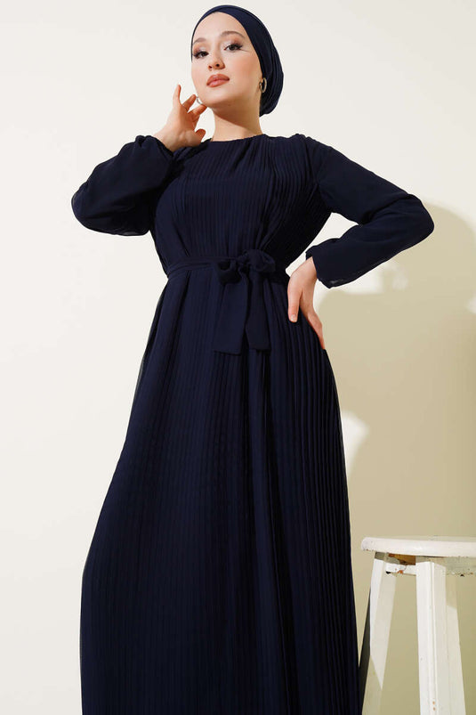 Pleated Chiffon Dress Navy Blue