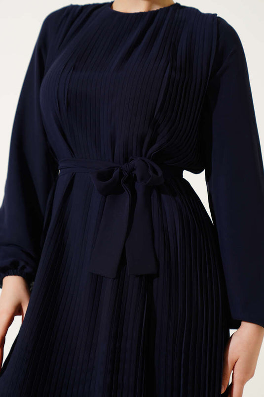Pleated Chiffon Dress Navy Blue