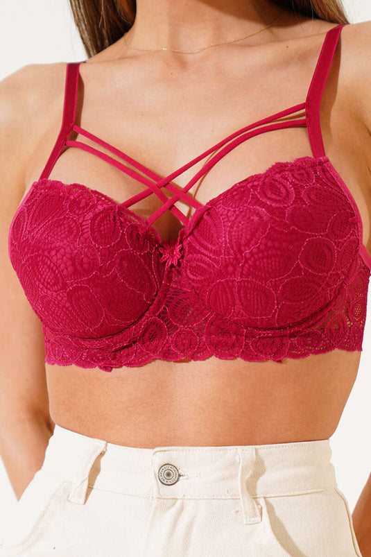 حمالة صدر متقاطعة من الدانتيل مبطنة بالسيليكون - لون عنابي