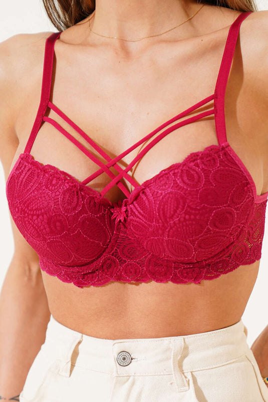 حمالة صدر متقاطعة من الدانتيل مبطنة بالسيليكون - لون عنابي