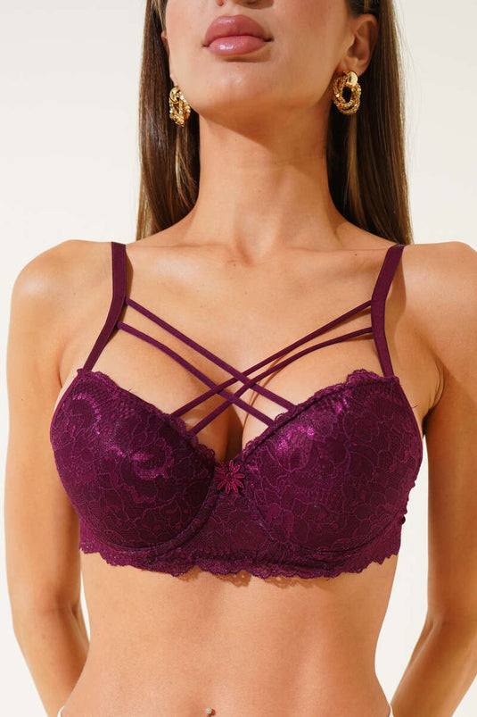 حمالة صدر متقاطعة من الدانتيل مبطنة بالسيليكون - لون أرجواني