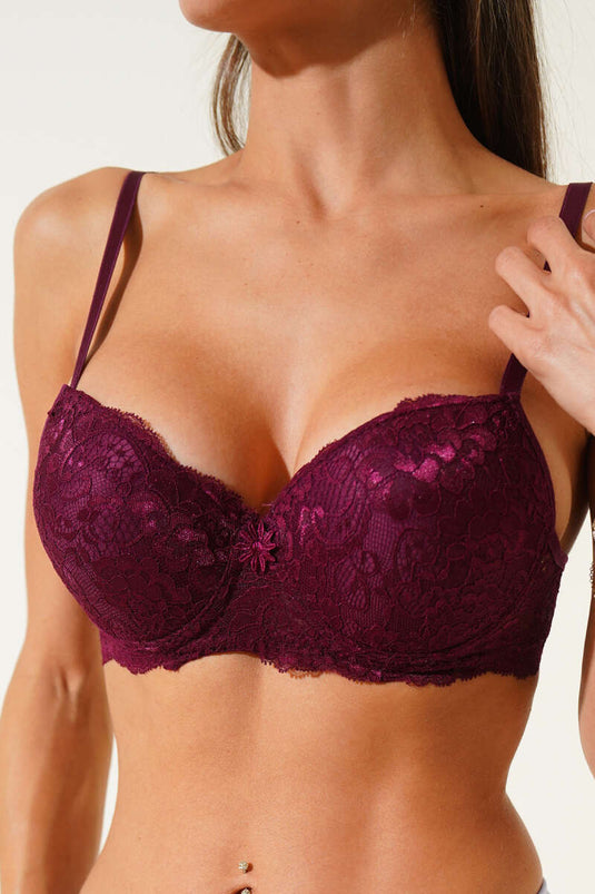 Silicone Padded Lace Bra Plum