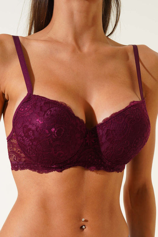 Silikonlu Destekli Dantelli Sütyen Mürdüm