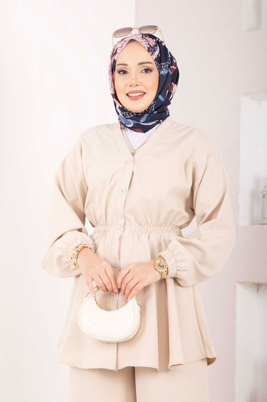 Silva White Gathered Tunic Set Beige