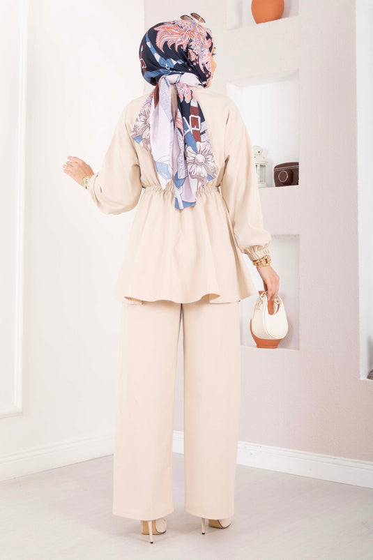 Silva White Gathered Tunic Set Beige