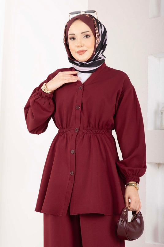 Silva White Gathered Tunic Set Burgundy