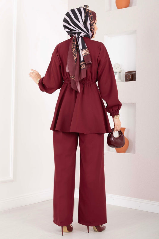 Silva White Gathered Tunic Set Burgundy