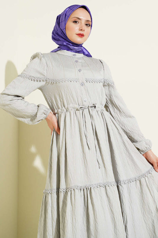 Sim Çizgili Güpür Detaylı Elbise Gri