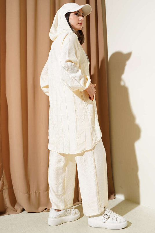 Glitter Striped Hooded Two Piece Suit Cream