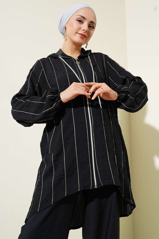 Glitter Striped Hooded Two Piece Set Black