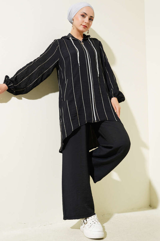 Glitter Striped Hooded Two Piece Set Black