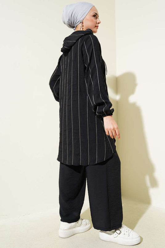 Glitter Striped Hooded Two Piece Set Black