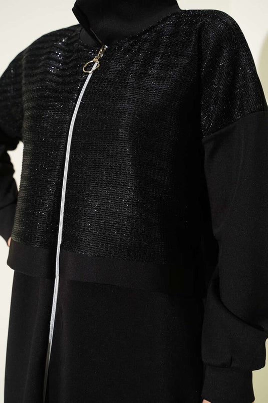 Ensemble deux pièces de plongée à fermeture éclair et détails pailletés, noir