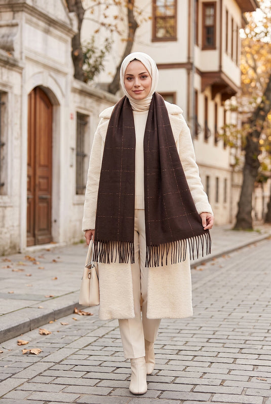 Detailed Coffee Shoulder Shawl