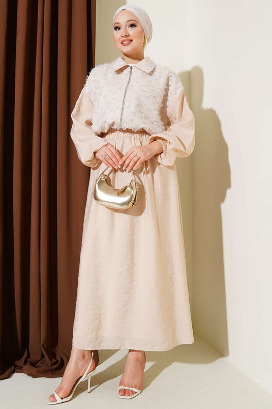 Glitter Tassel Detailed Skirted Two-Piece Suit Beige