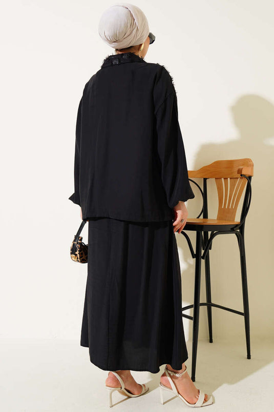 Sim Püskül Detaylı Etekli İkili Takım Siyah