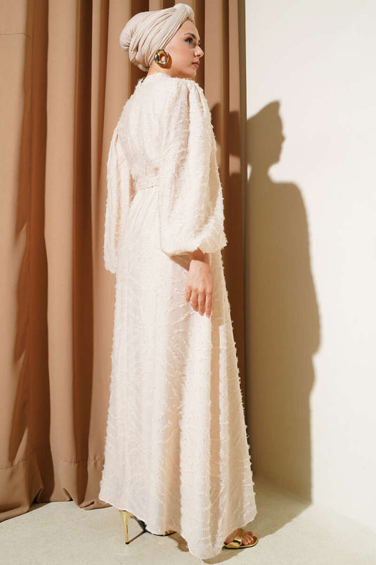 Glitter Bearded Balloon Sleeve Belted Dress Beige