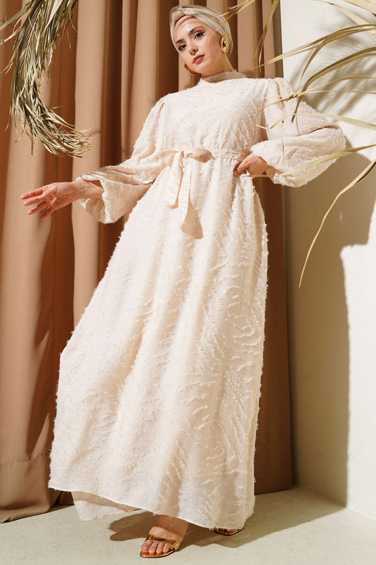 Glitter Bearded Balloon Sleeve Belted Dress Beige