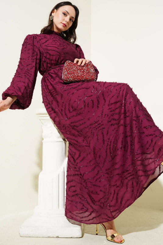 Glitter Bearded Balloon Sleeve Belted Dress Plum