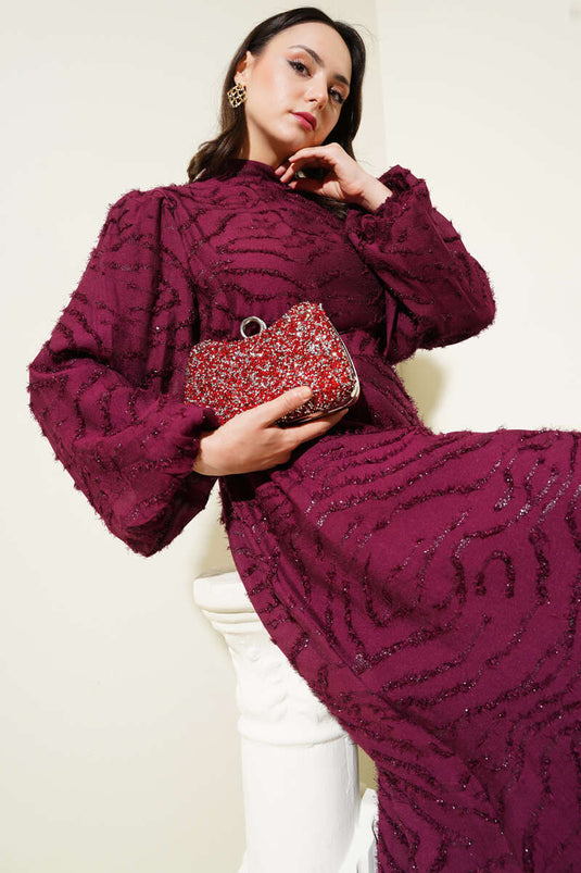 Glitter Bearded Balloon Sleeve Belted Dress Plum