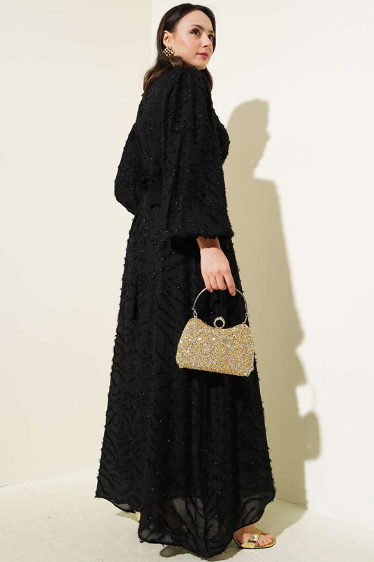 Glitter Bearded Balloon Sleeve Belted Dress Black