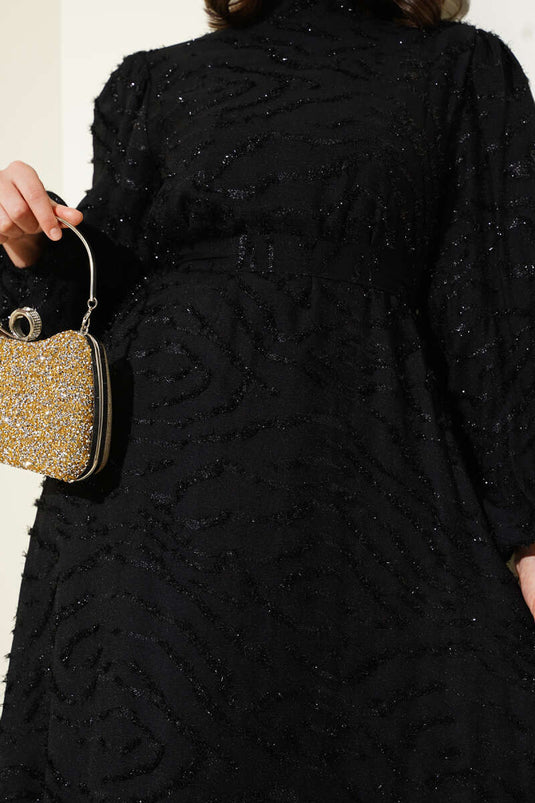 Glitter Bearded Balloon Sleeve Belted Dress Black