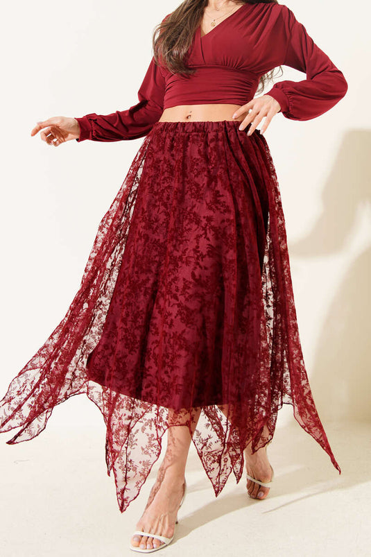 Simetrik Kesim Tül Etek Bordo