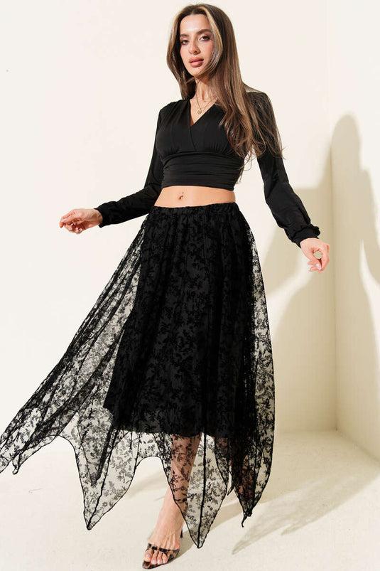 Simetrik Kesim Tül Etek Siyah