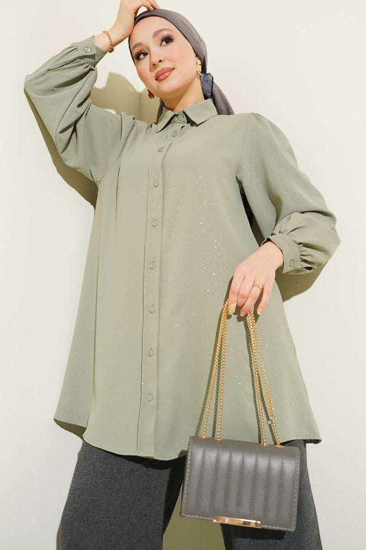 Chemise à manches ballon pailletée vert avocat