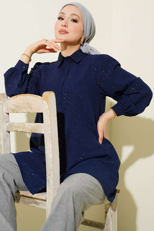 Navy Blue Glitter Balloon Sleeve Shirt