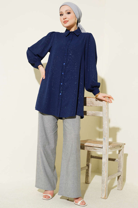 Navy Blue Glitter Balloon Sleeve Shirt