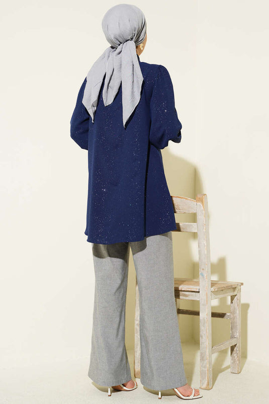 Navy Blue Glitter Balloon Sleeve Shirt