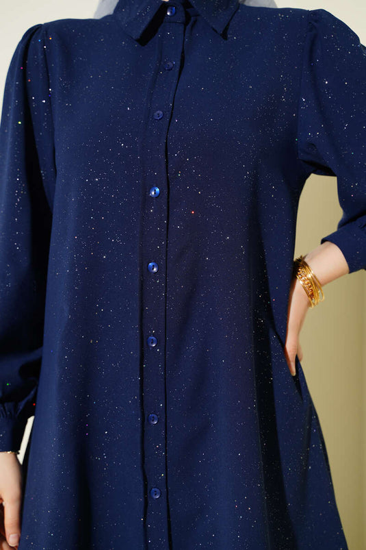 Navy Blue Glitter Balloon Sleeve Shirt
