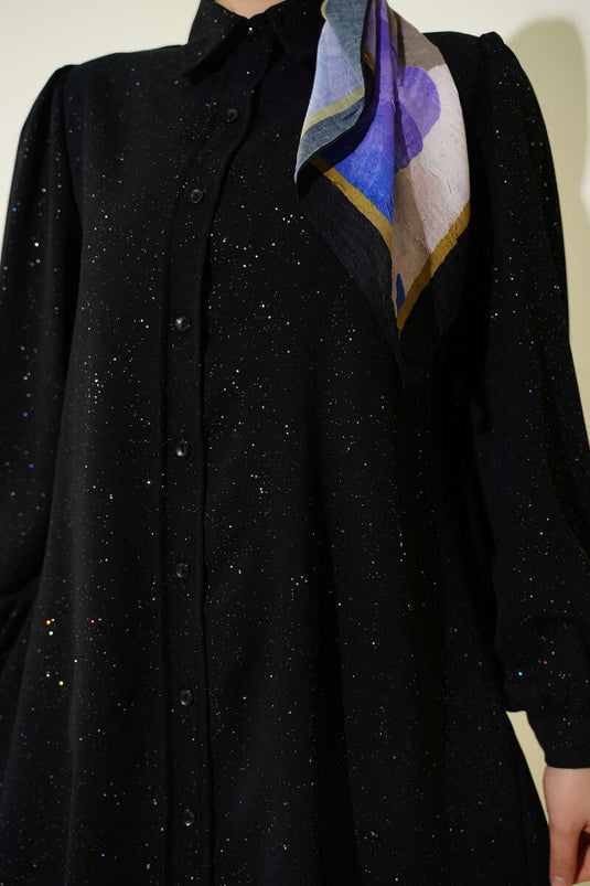 Chemise à manches ballon pailletée noire