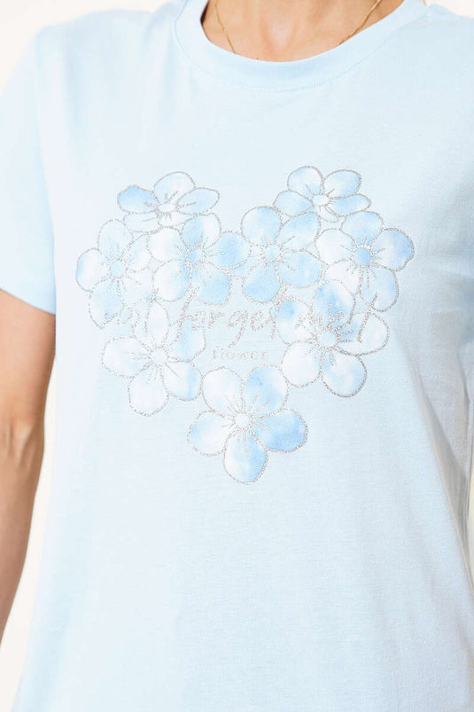 T-shirt imprimé fleurs pailletées bleu glacier