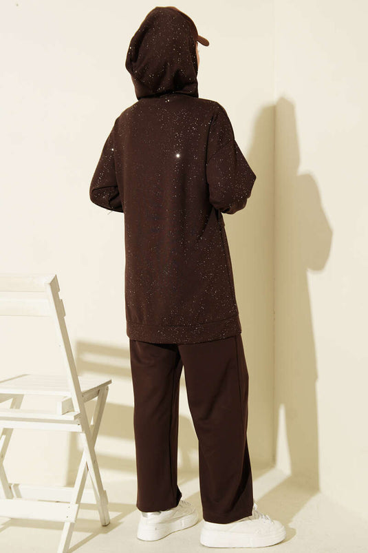 Glitter Hooded Loyşa Two-Piece Set Coffee