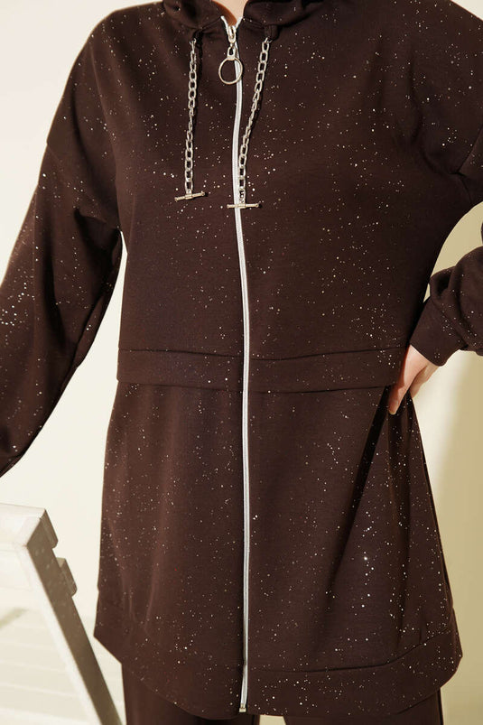 Glitter Hooded Loyşa Two-Piece Set Coffee