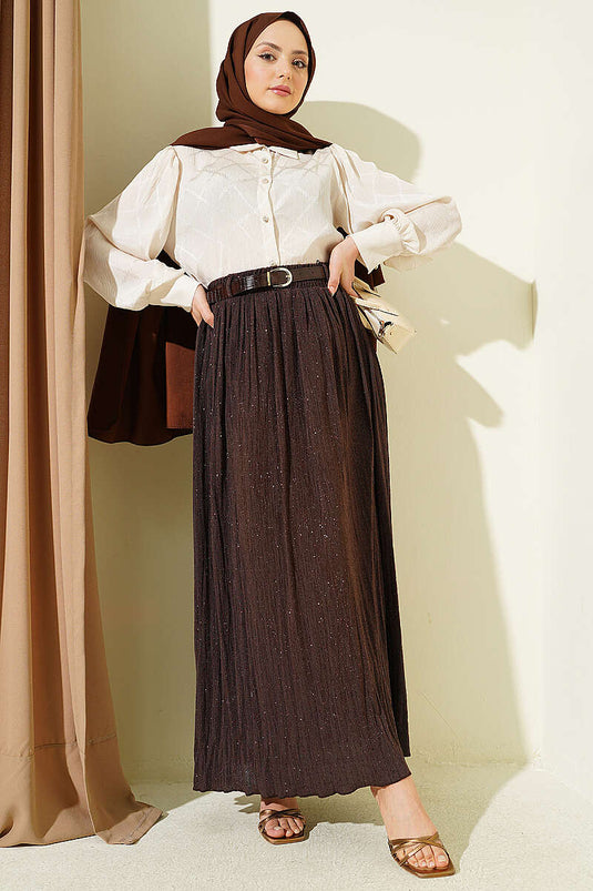 Glitter Belted Flared Skirt Brown