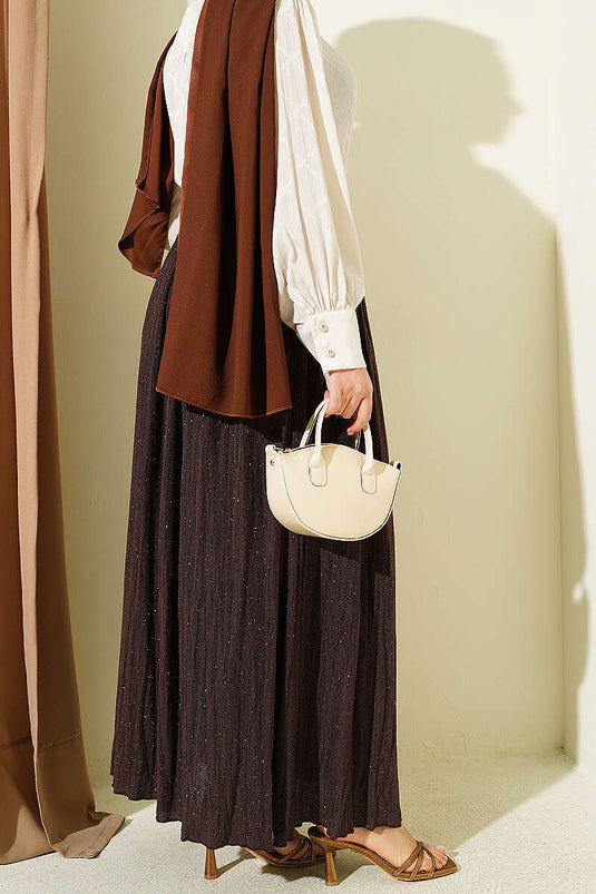 Glitter Belted Flared Skirt Brown