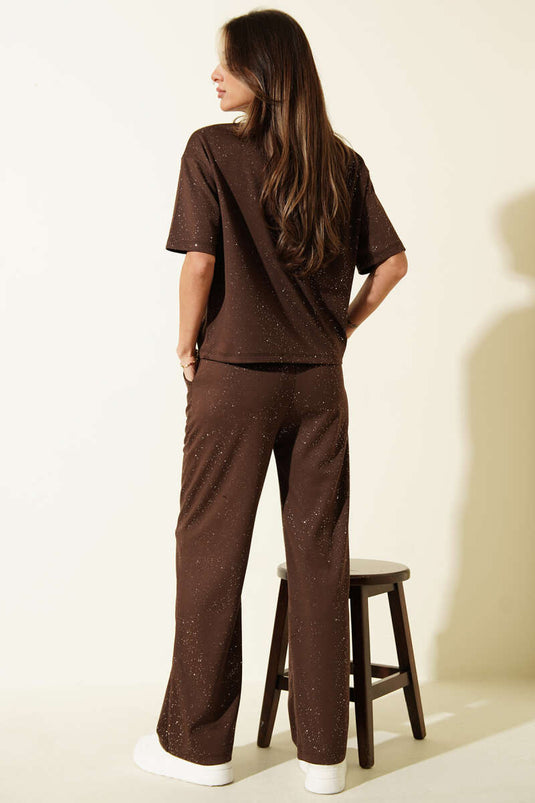 Glitter Short Sleeve Loyşa Two-Piece Set Brown