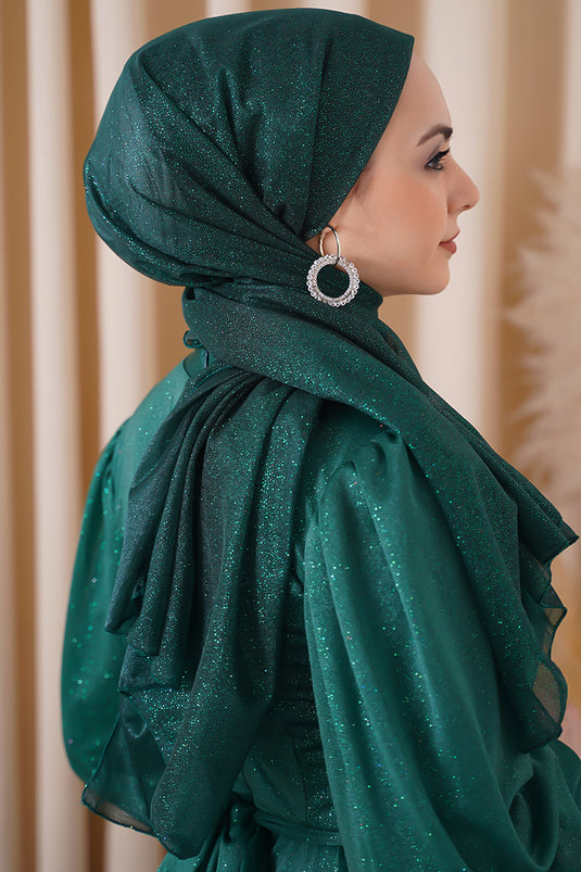 شال فستان سهرة زمردي لامع
