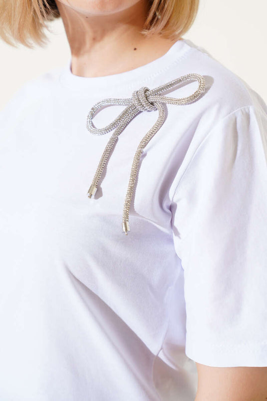 Glittery Shoulder Bow T-shirt White