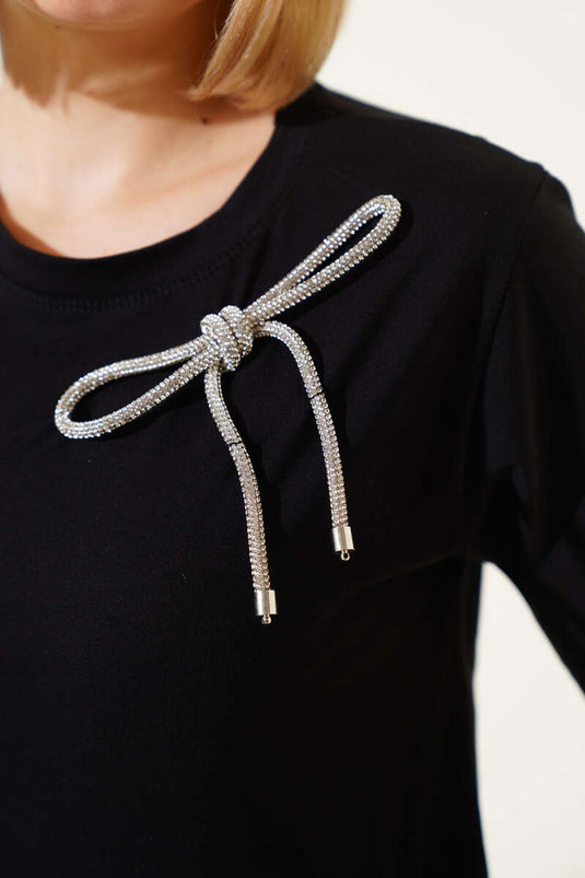 Simli Omuz Fiyonklu T-shirt Siyah