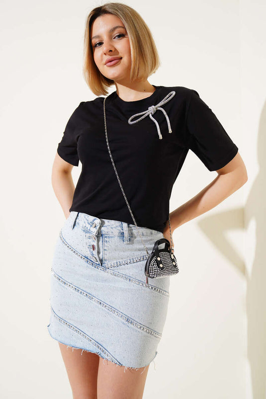 Glittery Shoulder Bow T-shirt Black