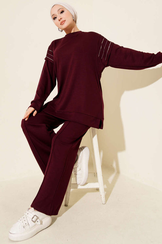 Sıra Taş Detaylı Loyşa İkili Takım Bordo