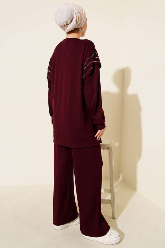 Sıra Taş Detaylı Loyşa İkili Takım Bordo