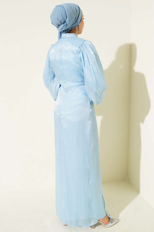 Beaded Balloon Sleeve Evening Dress Baby Blue