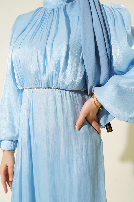 Beaded Balloon Sleeve Evening Dress Baby Blue